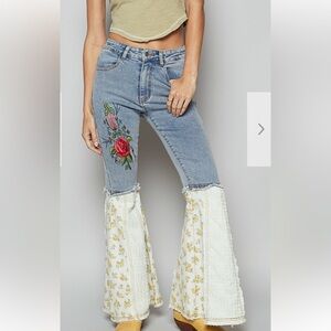 POL Denim Flare Jeans with Red Rose Embroidery and Cream Floral Panels